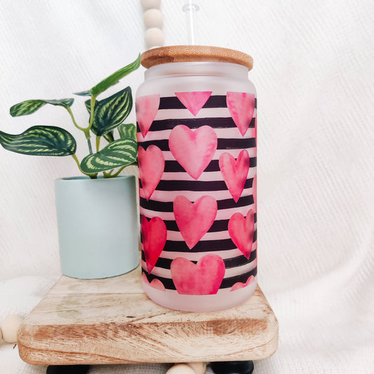 Hearts and Stripes Can Glass Cup