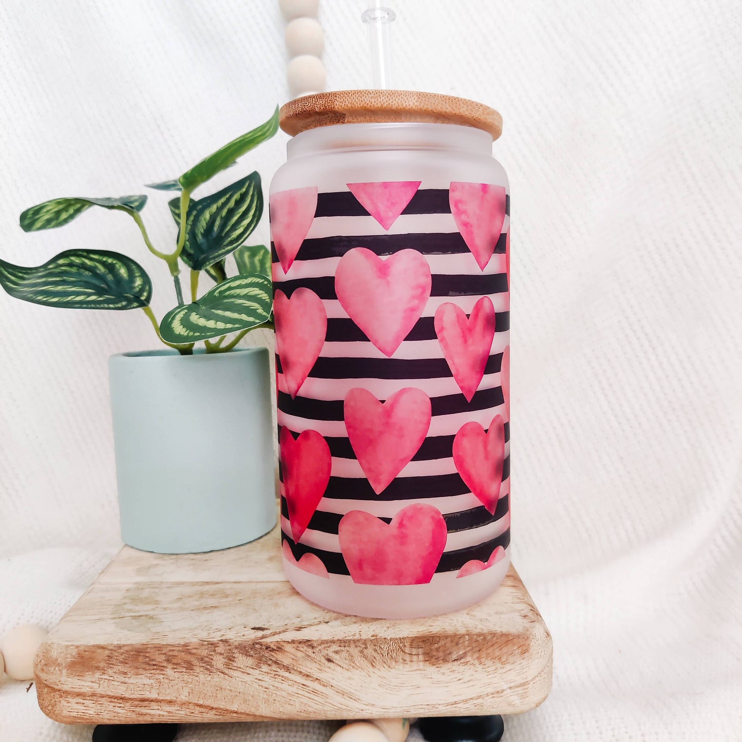 Hearts and Stripes Can Glass Cup