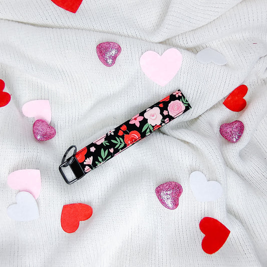 Black Floral Valentine Keychain Wristlet