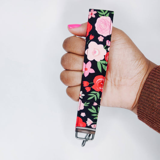 Black Floral Valentine Keychain Wristlet