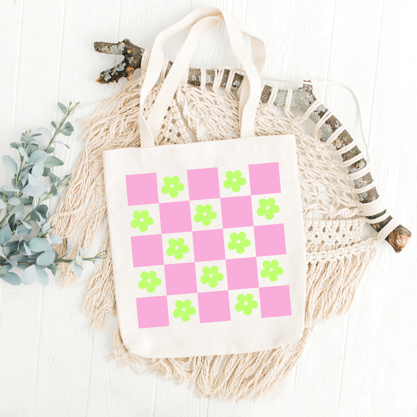 Checkered Daisy Tote Bag