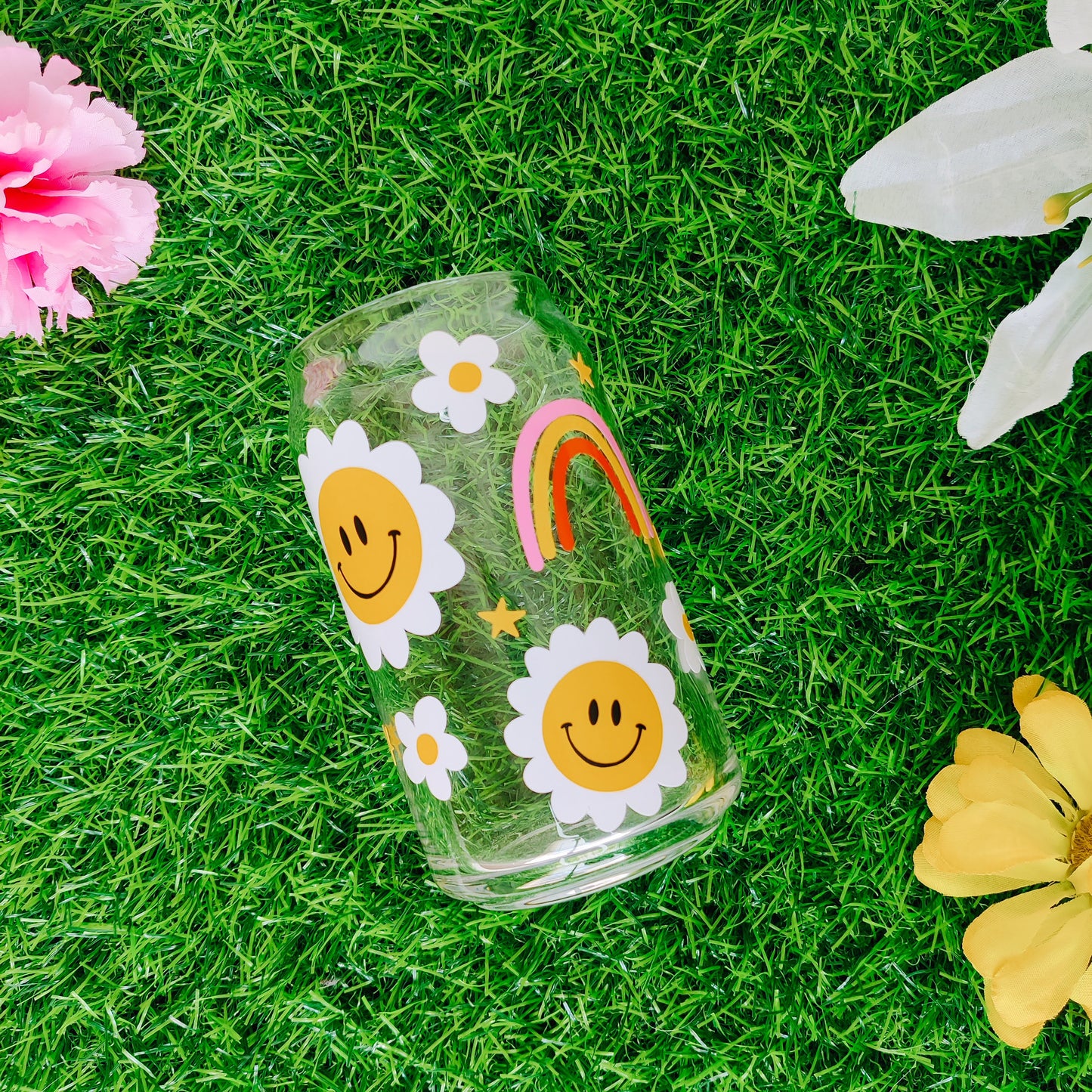 Smiley Daisy Can Glass Cup