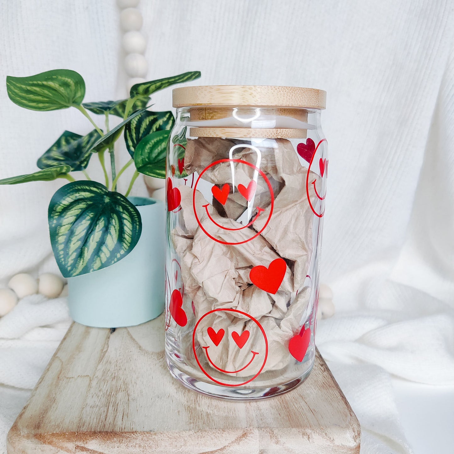 Happy Face Valentine Can Glass Cup