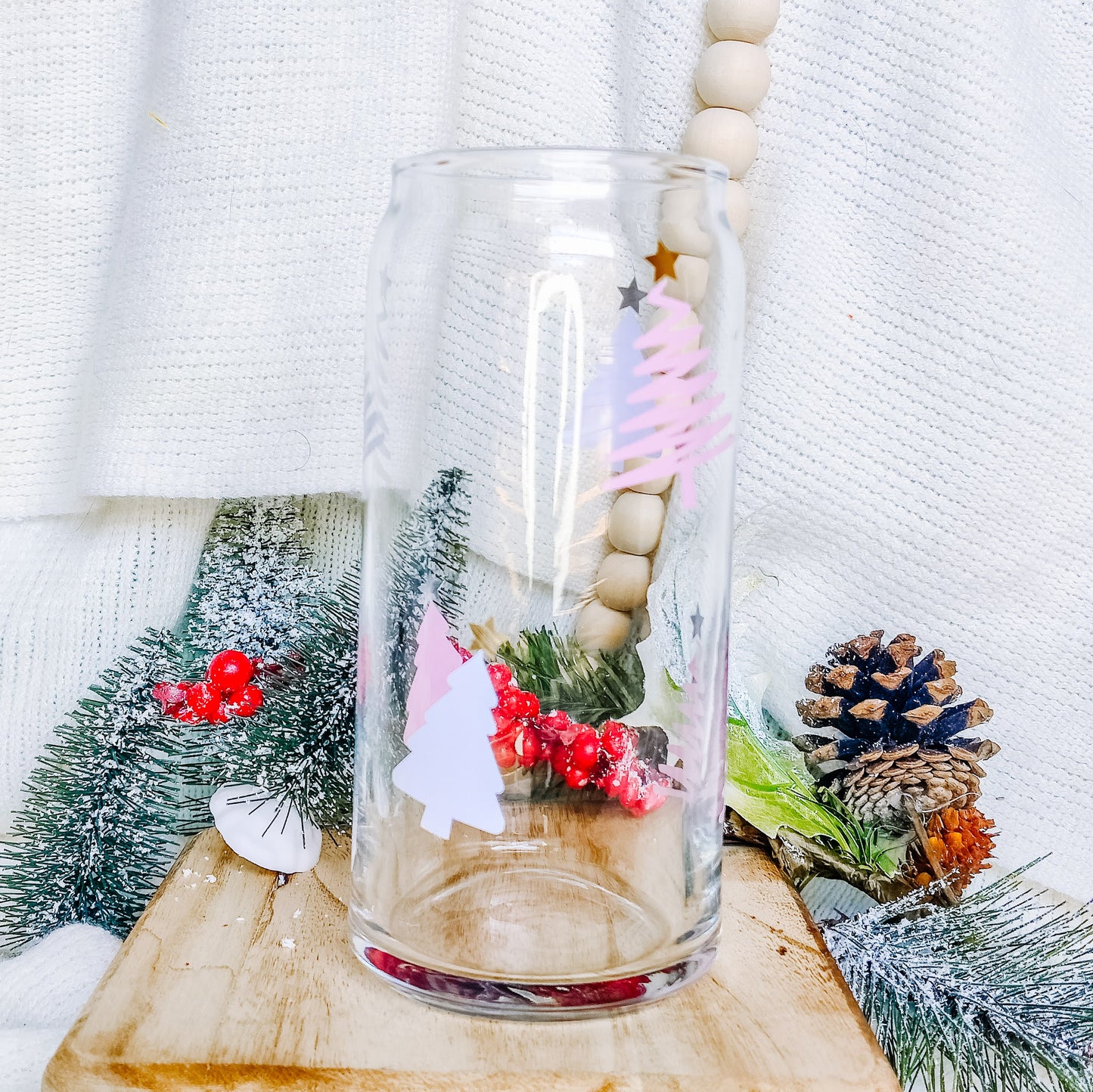 Pink and White Trees Can Glass Cup