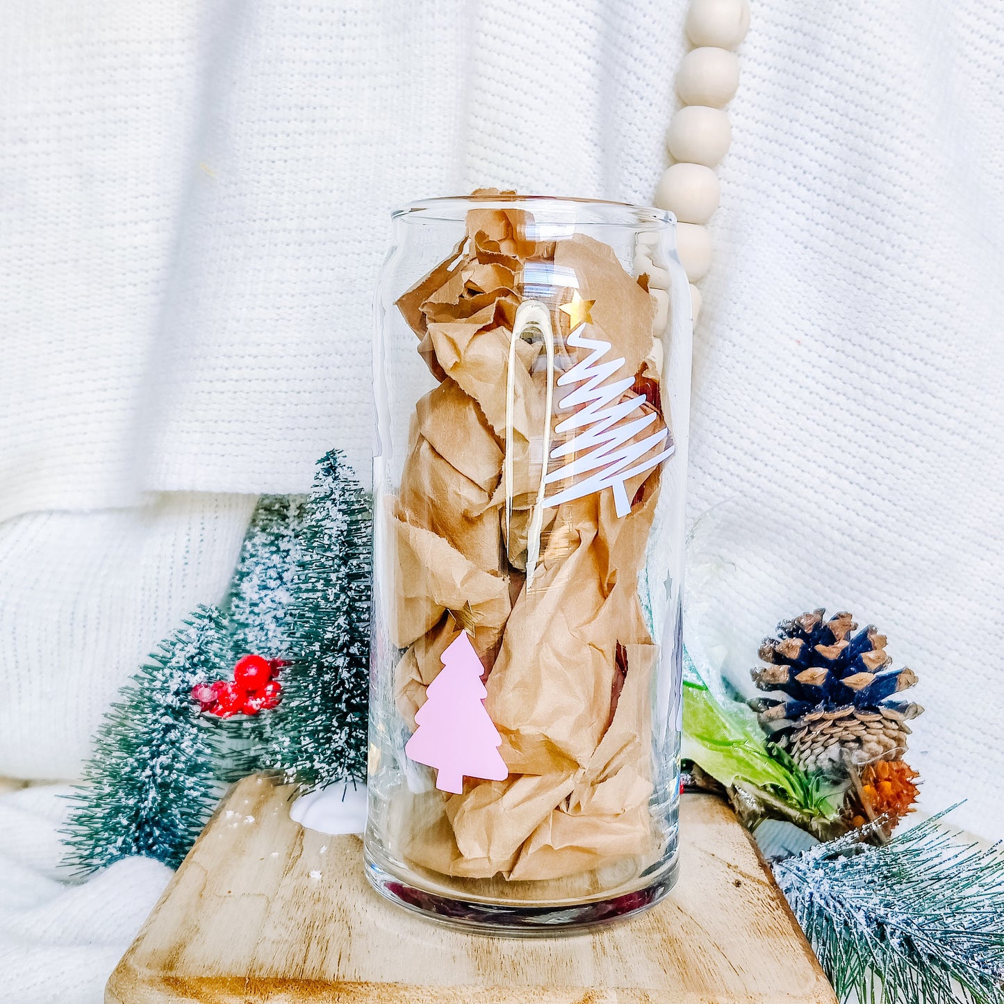 Pink and White Trees Can Glass Cup