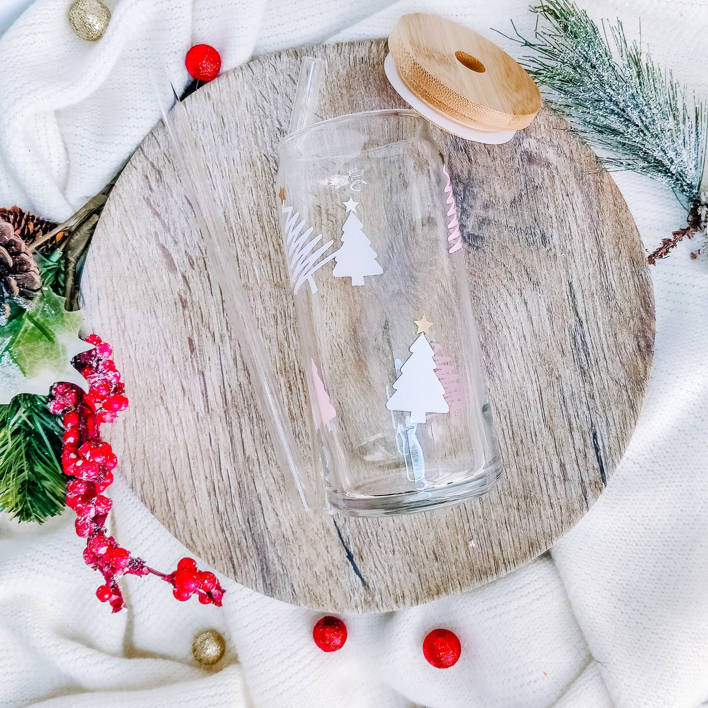 Pink and White Trees Can Glass Cup