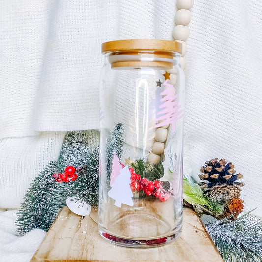 Pink and White Trees Can Glass Cup