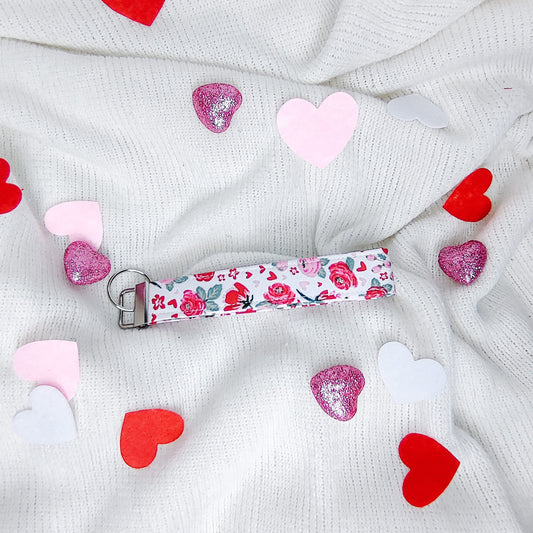 White Floral Valentine Keychain Wristlet