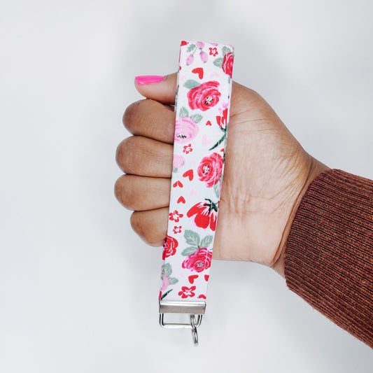 White Floral Valentine Keychain Wristlet