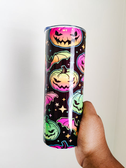 Neon Pumpkins and Bats 20 oz Tumbler