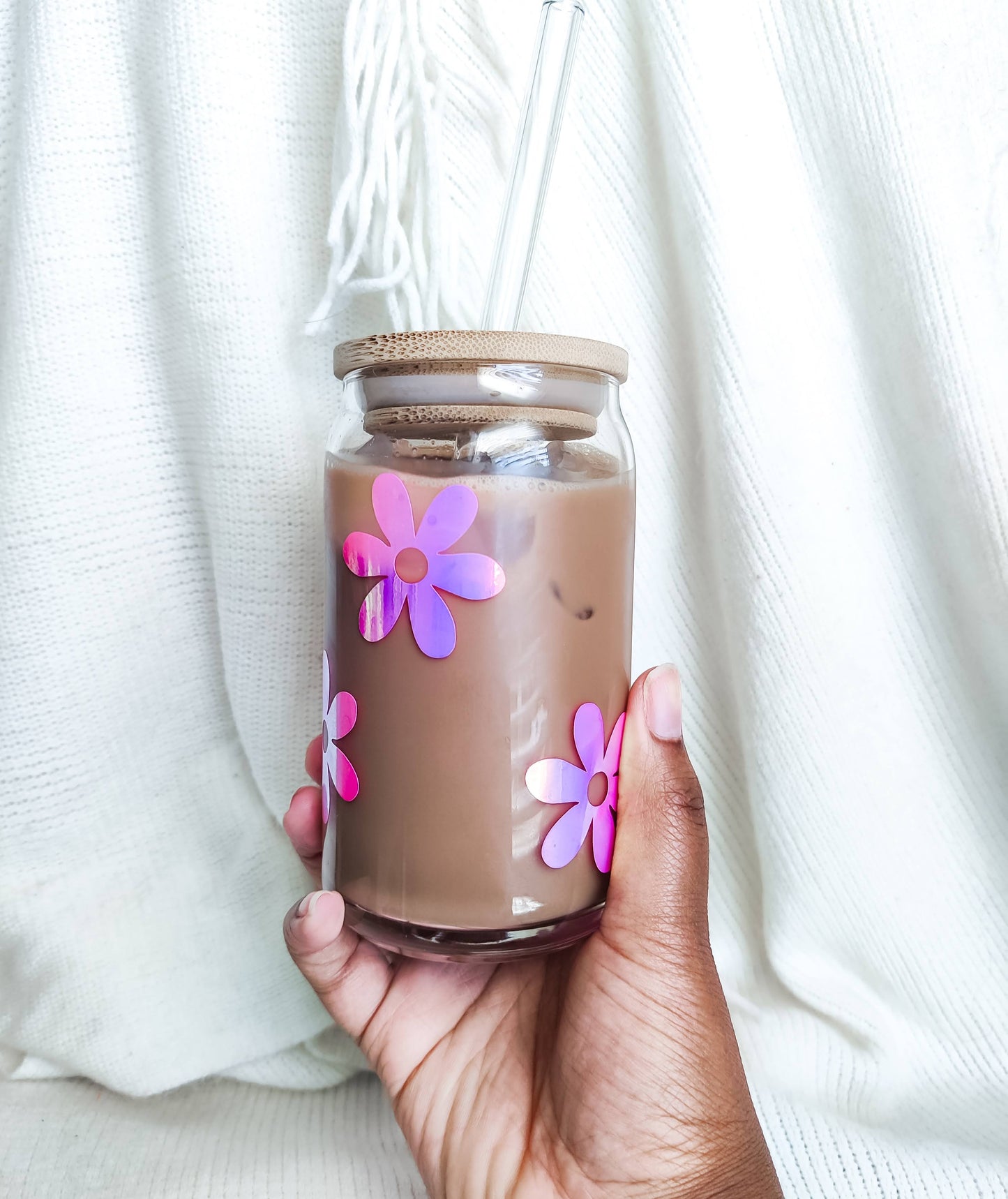 Holographic Pink Daisy Can Glass Cup